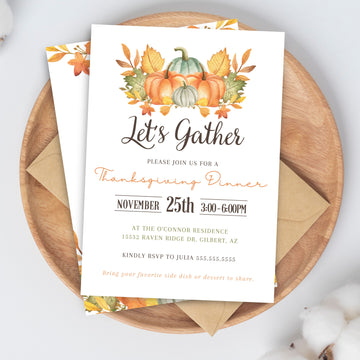 pumpkin theme thanksgiving dinner party let's gather invitations